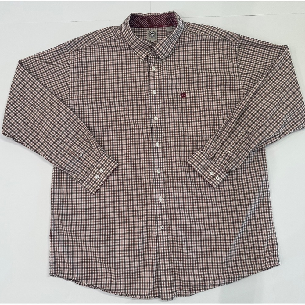 Cinch Mens XXL Plaid Long Sleeve Button Down Western Shirt Burgundy Tan Cotton
